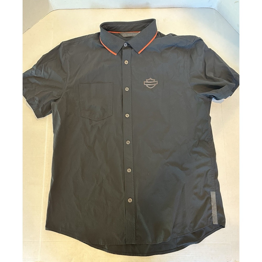 Harley Davidson Short Sleeve Button Up Shirt Black Mens Large Slim Fit Stretch